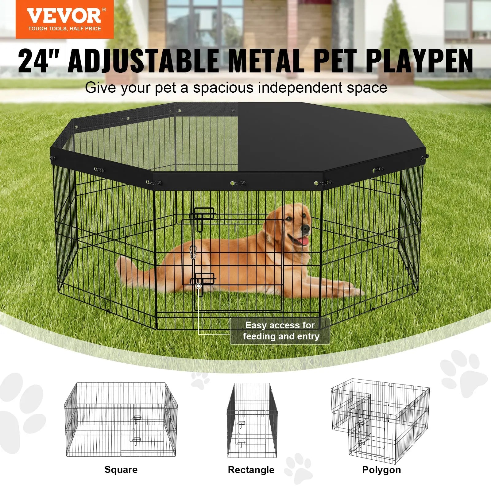Dog Playpen, 8 Panels Foldable Metal Dog Exercise Pen With Top Cover Gentle Paws