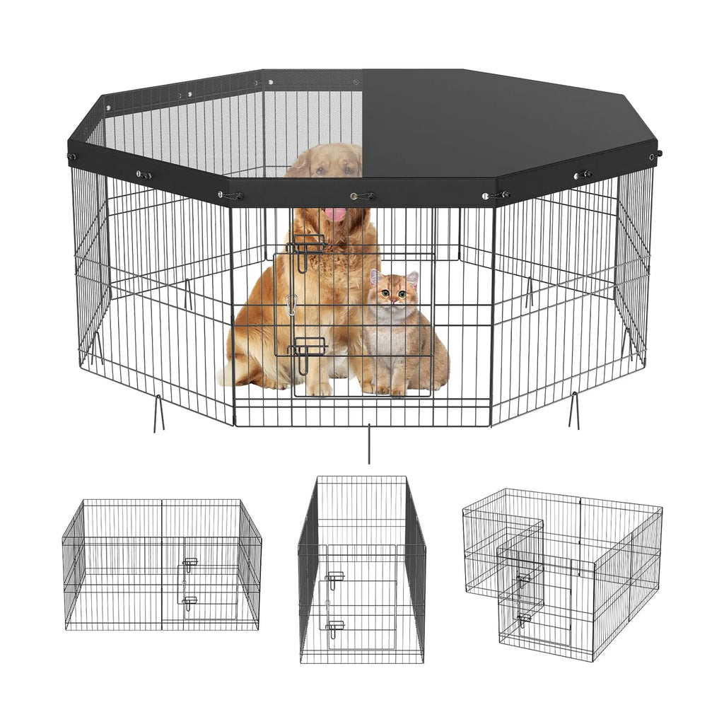 Dog Playpen, 8 Panels Foldable Metal Dog Exercise Pen With Top Cover Gentle Paws