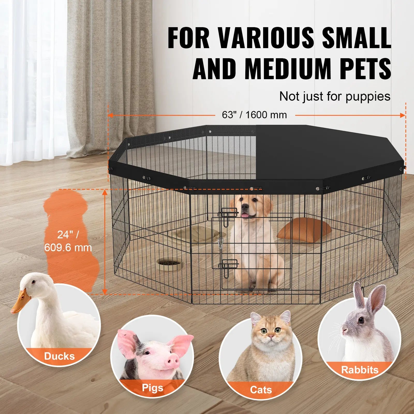Dog Playpen, 8 Panels Foldable Metal Dog Exercise Pen With Top Cover Gentle Paws