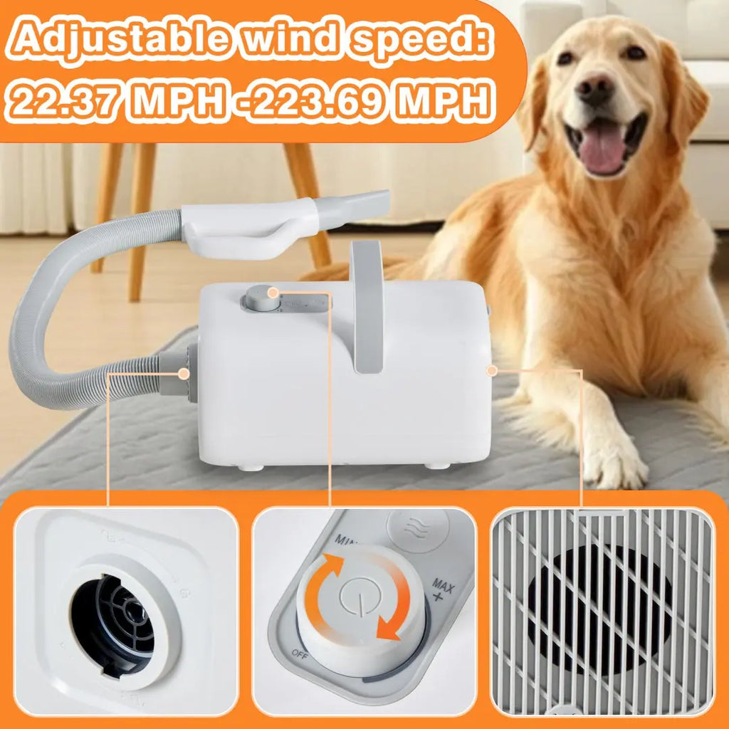 1550W High Velocity,Speed Adjustable Dog Blow Dryer With 4 Nozzles Gentle Paws